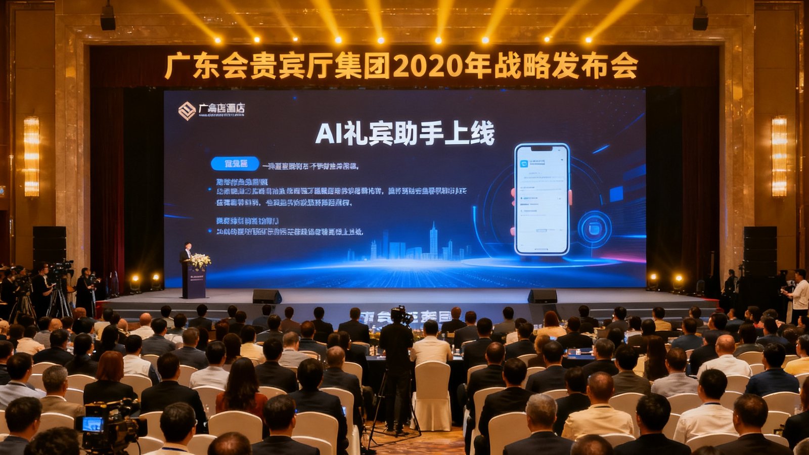广东会贵宾厅集团2025年战略发布会现场，舞台大屏幕显示AI礼宾助手上线信息，台下坐满酒店行业嘉宾与媒体记者