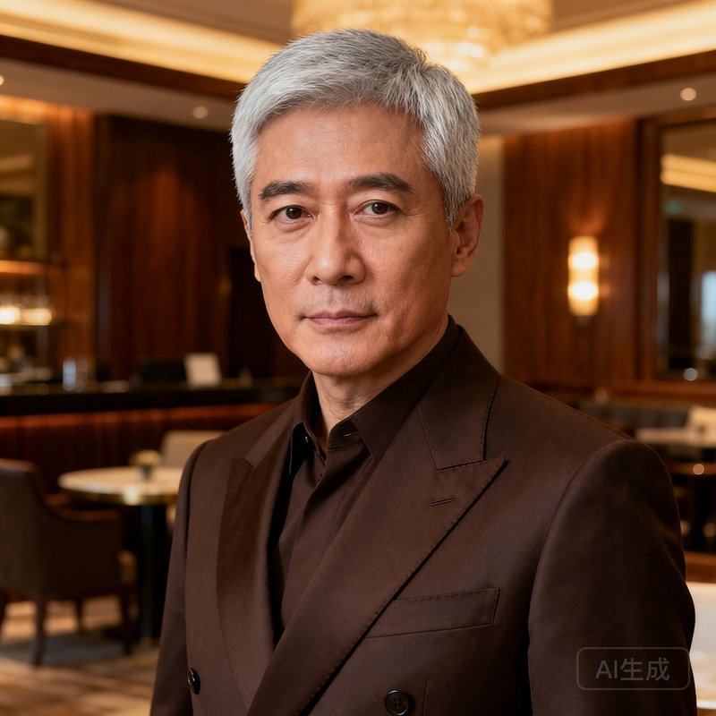 广东会贵宾厅集团创始人兼CEO正面半身照，五十岁左右男士，银灰色短发，穿着深棕色高定西装，眼神沉稳有力，背景为酒店行政酒廊