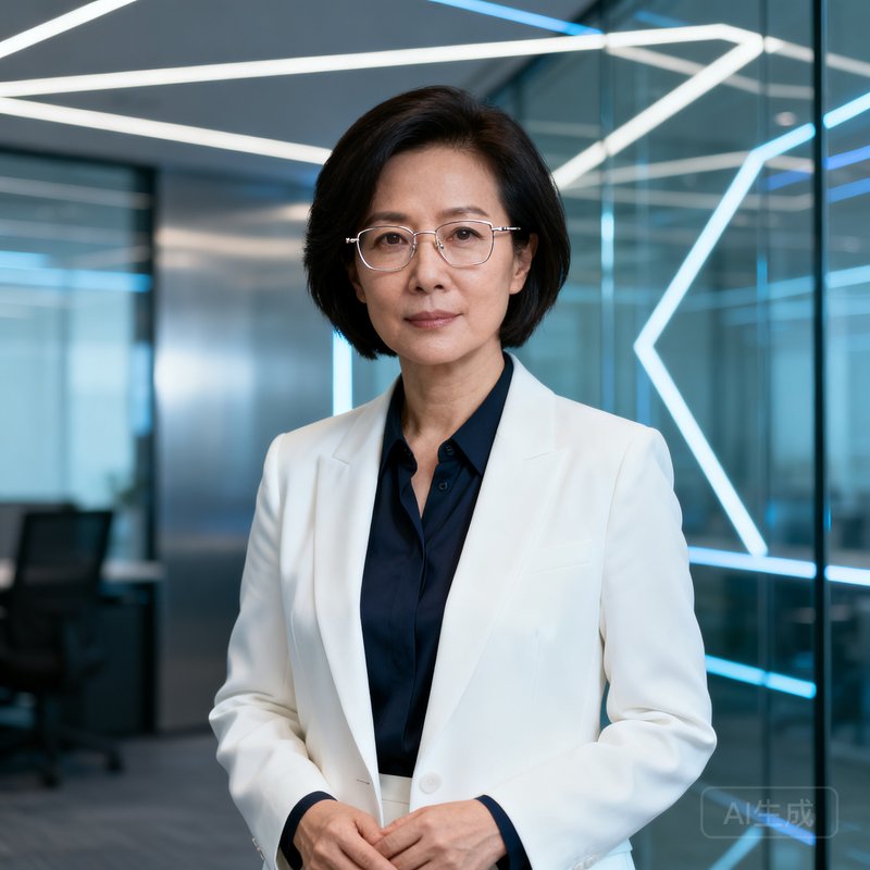 集团CTO正面半身照，四十岁左右女性，干练短发戴细框眼镜，身穿白色西装外套内搭深色衬衫，背景为科技感办公室